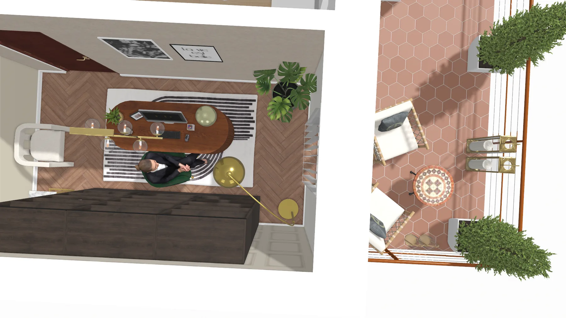 Rendu 3D d'un bureau ouvert sur une terrasse aménagée